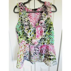 Robert Louis 1X Sleeveless Elastic Waist Floral Stretch Shirt Multi color Ruffle